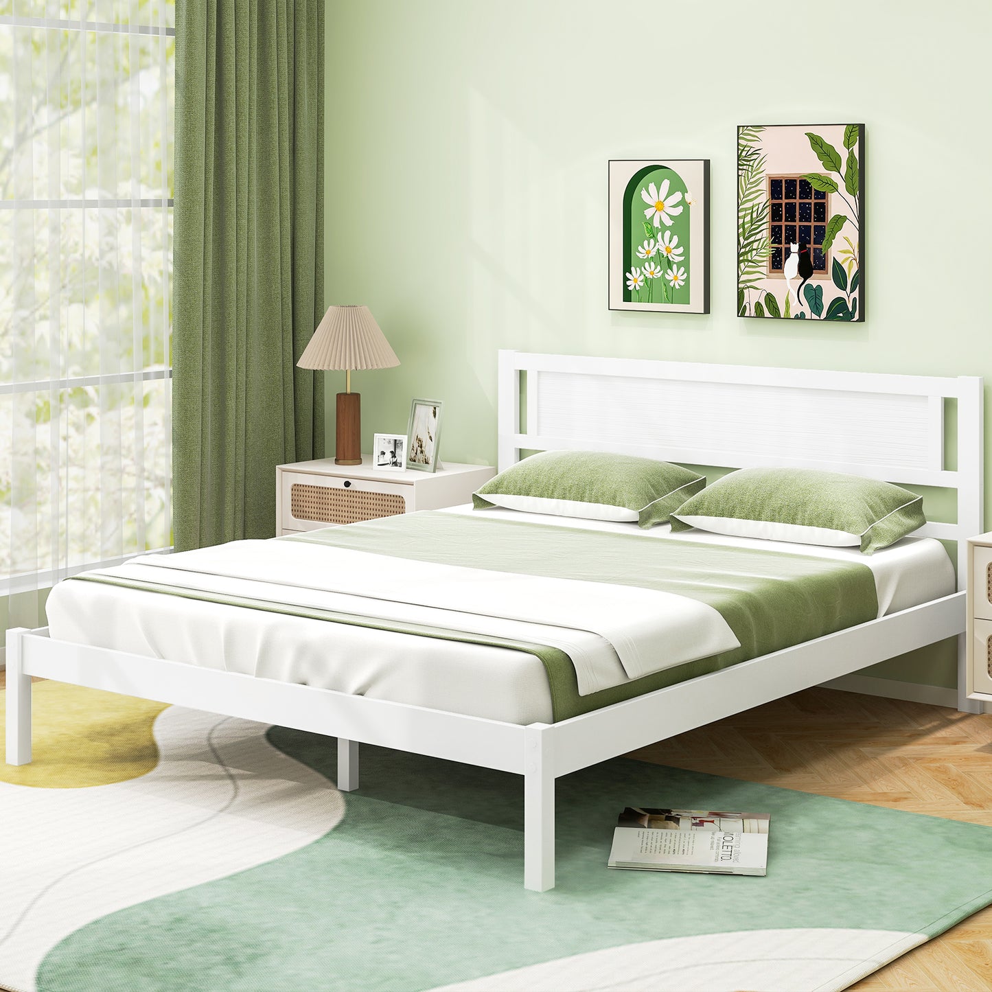 Wooden Bed Frame with Headboard and Wooden Slats Support – Queen