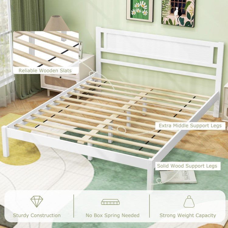 Wooden Bed Frame with Headboard and Wooden Slats Support – Queen