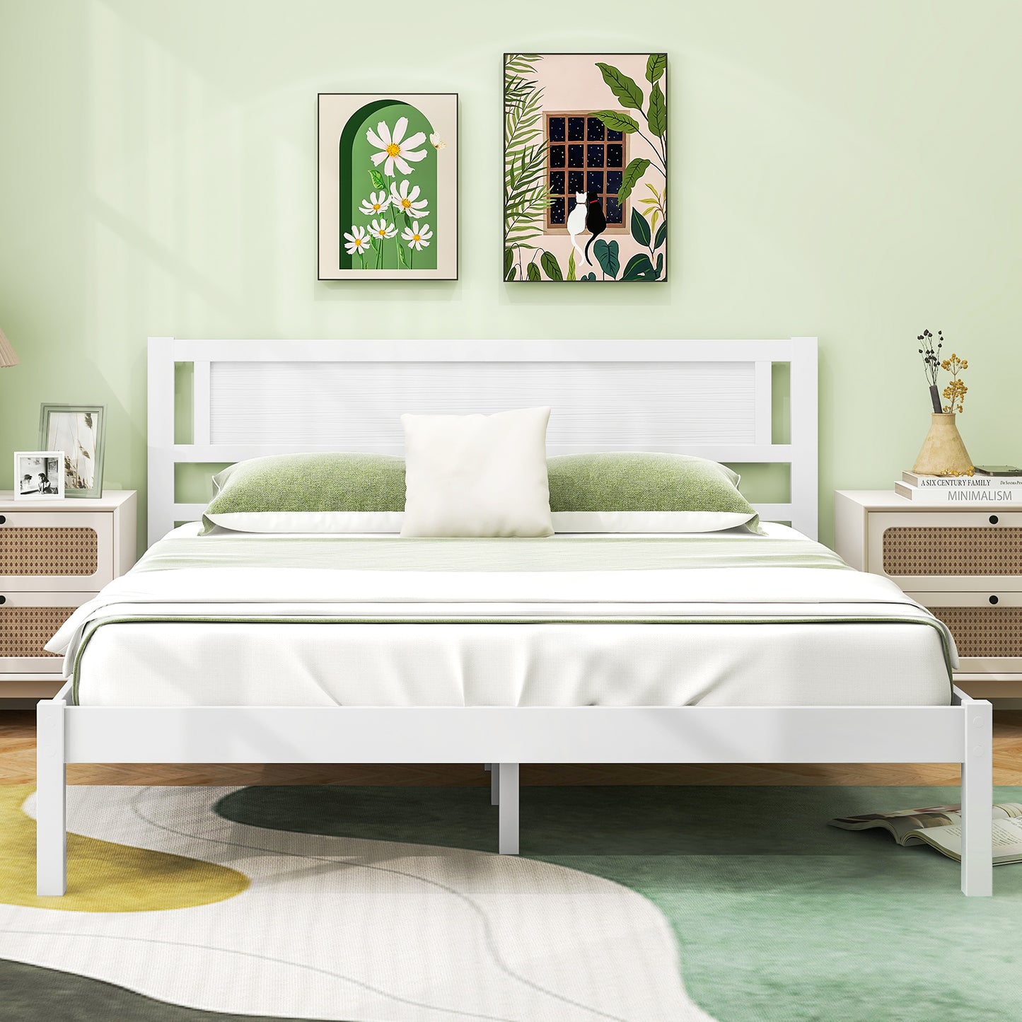 Wooden Bed Frame with Headboard and Wooden Slats Support – Queen