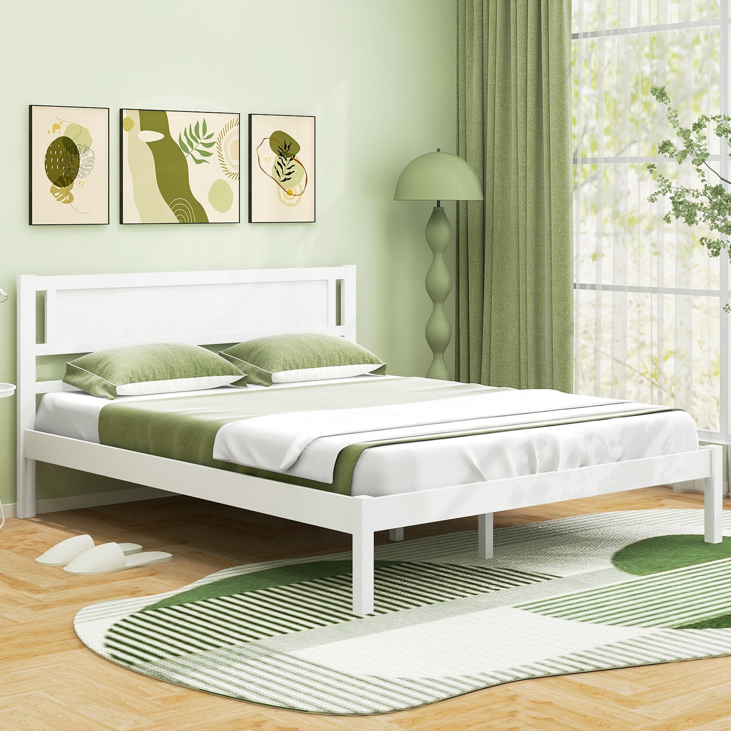 Wooden Bed Frame with Headboard and Wooden Slats Support – Queen