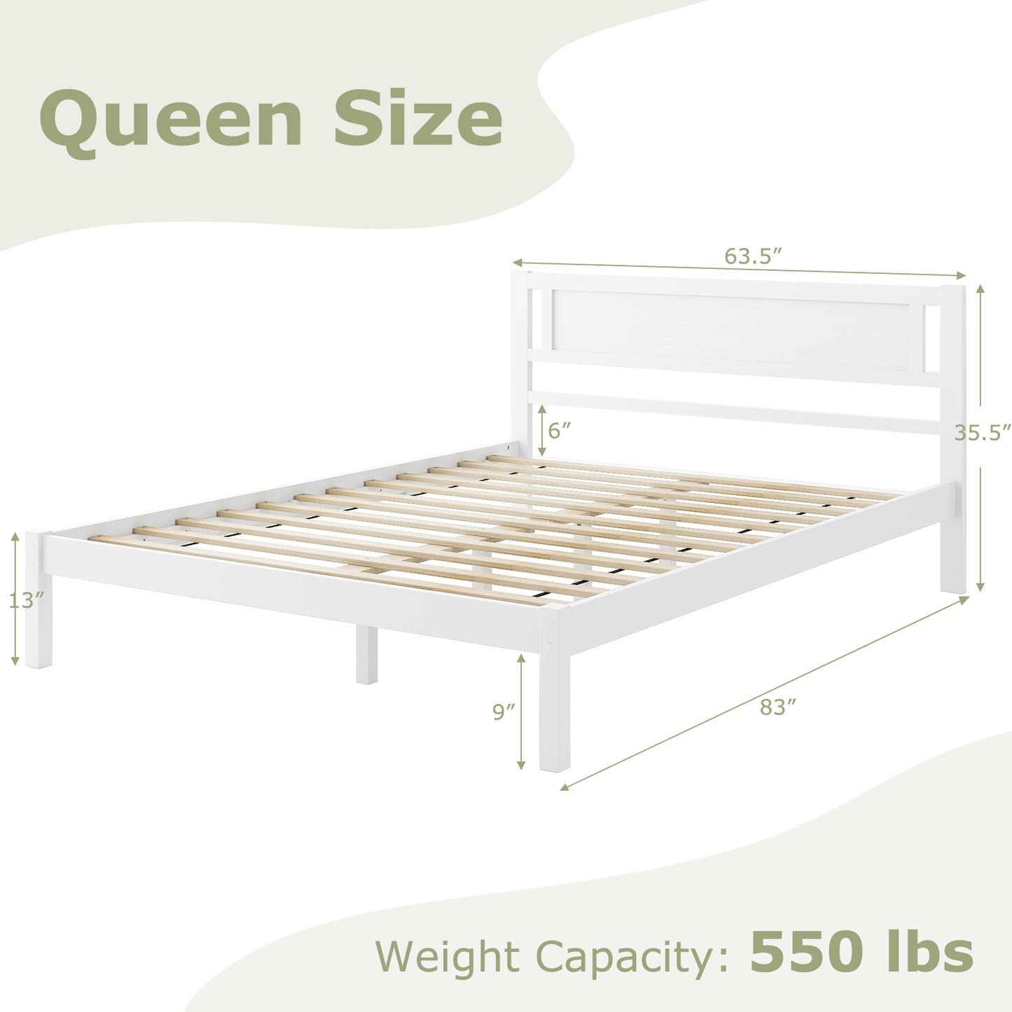 Wooden Bed Frame with Headboard and Wooden Slats Support – Queen