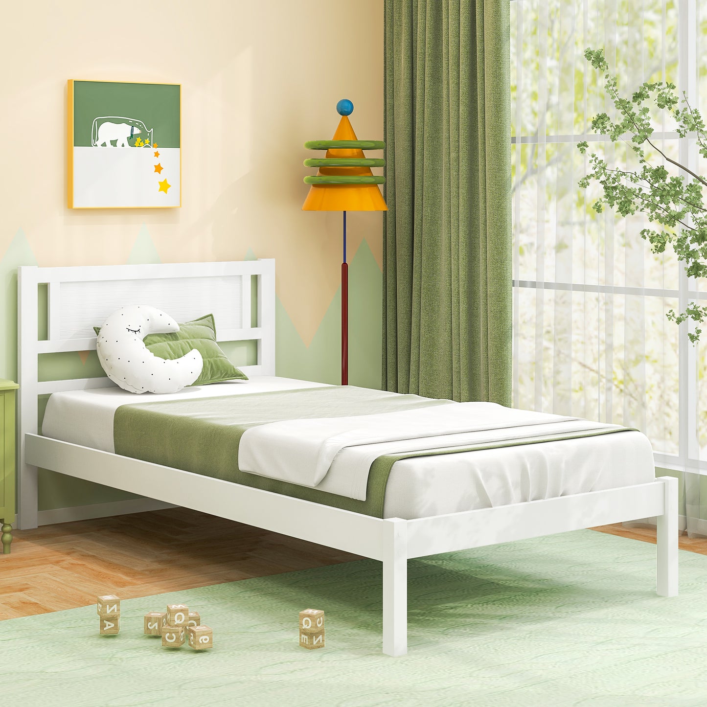 Wooden Bed Frame with Headboard and Wooden Slats Support – Twin