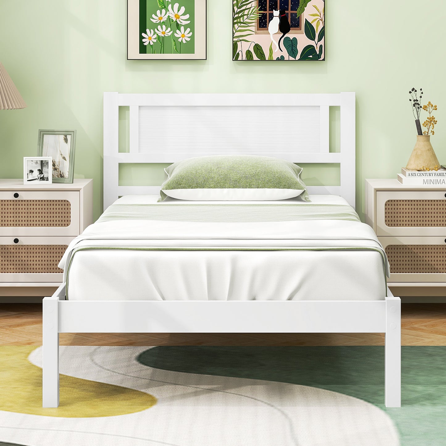Wooden Bed Frame with Headboard and Wooden Slats Support – Twin