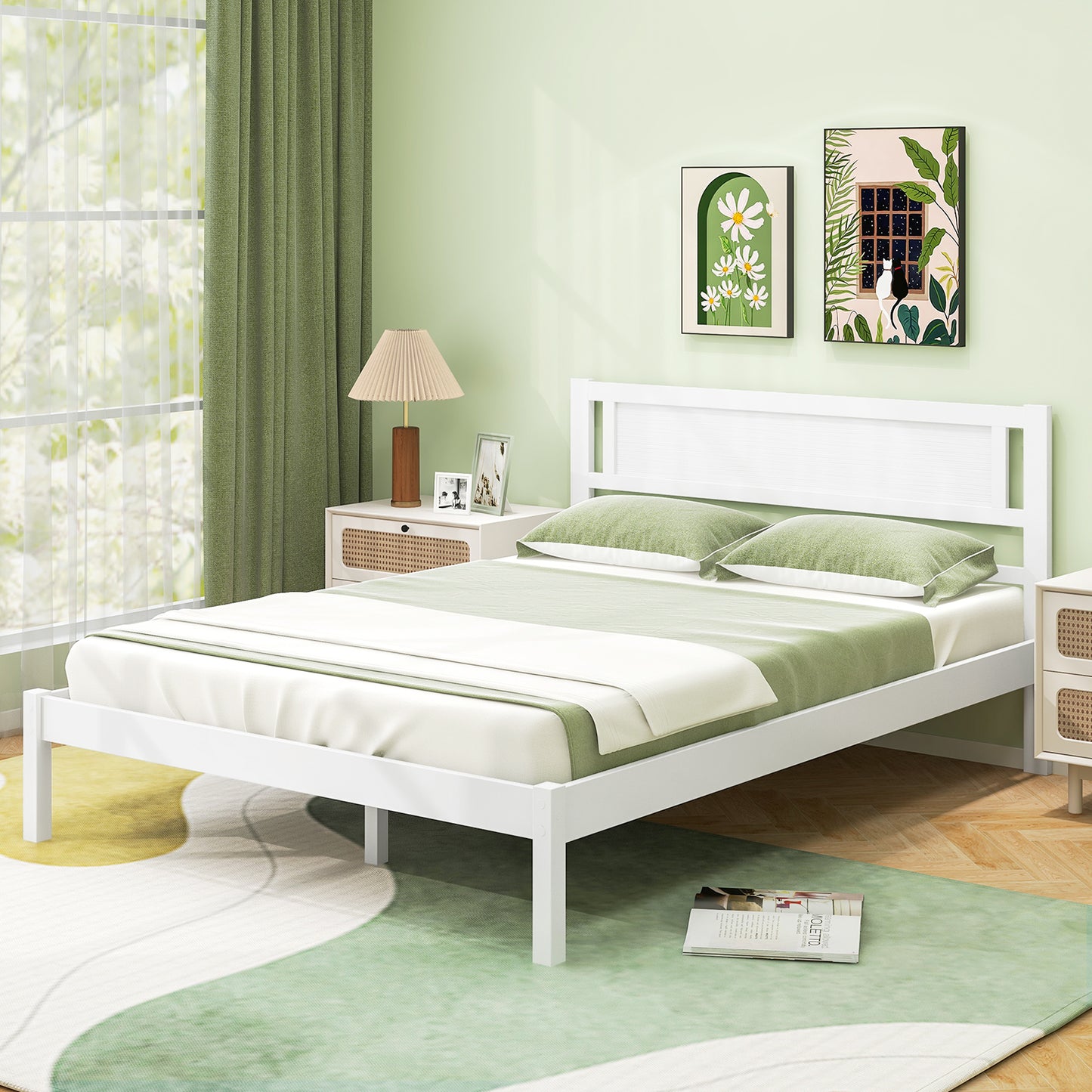 Wooden Bed Frame with Headboard and Wooden Slats Support – Full