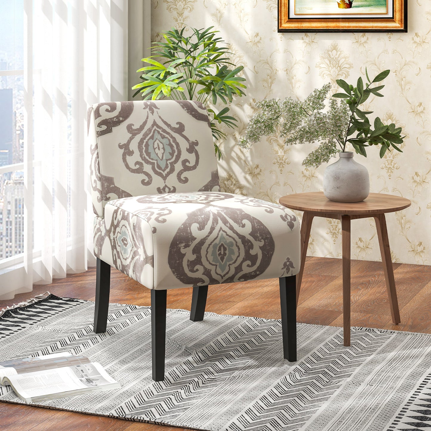 Modern Upholstered Accent Chair with Rubber Wood Legs for Living Room - Beige Floral