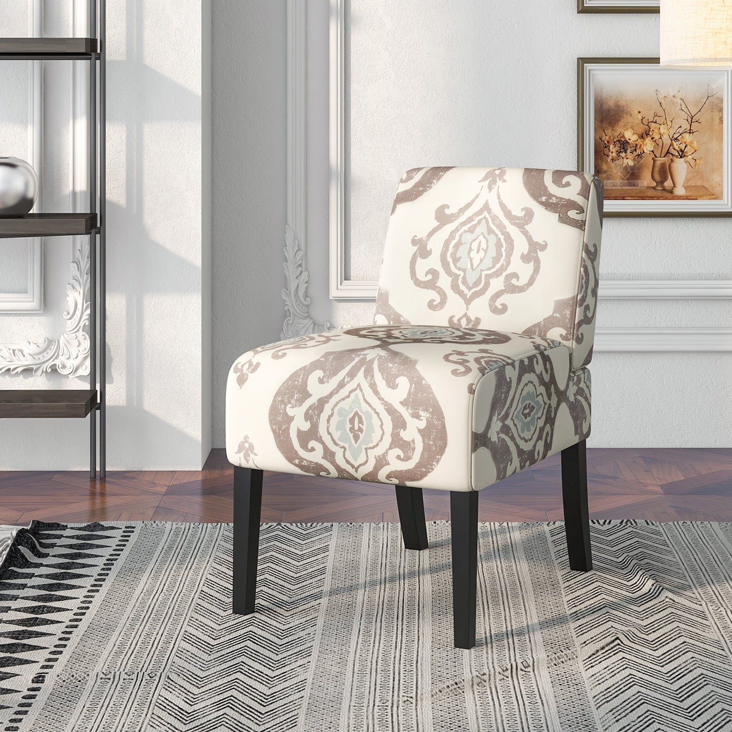 Modern Upholstered Accent Chair with Rubber Wood Legs for Living Room - Beige Floral
