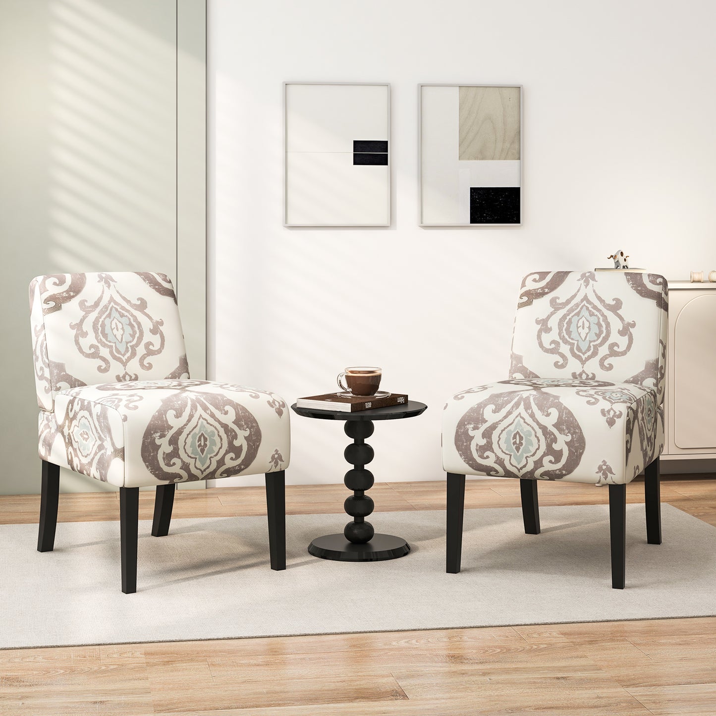 Modern Upholstered Accent Chair with Rubber Wood Legs for Living Room - Beige Floral