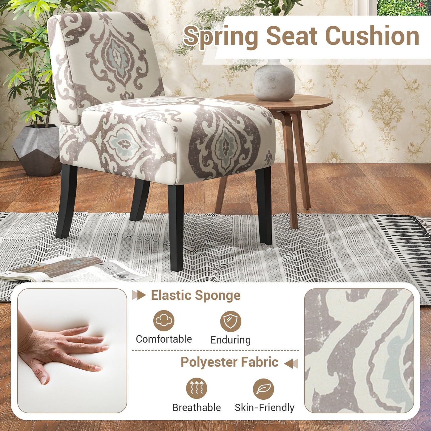Modern Upholstered Accent Chair with Rubber Wood Legs for Living Room - Beige Floral