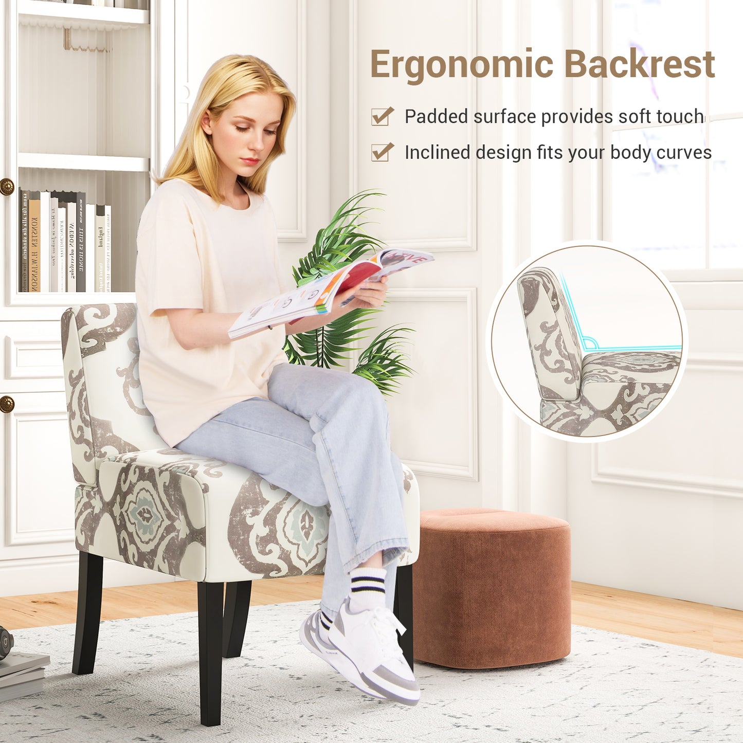 Modern Upholstered Accent Chair with Rubber Wood Legs for Living Room - Beige Floral