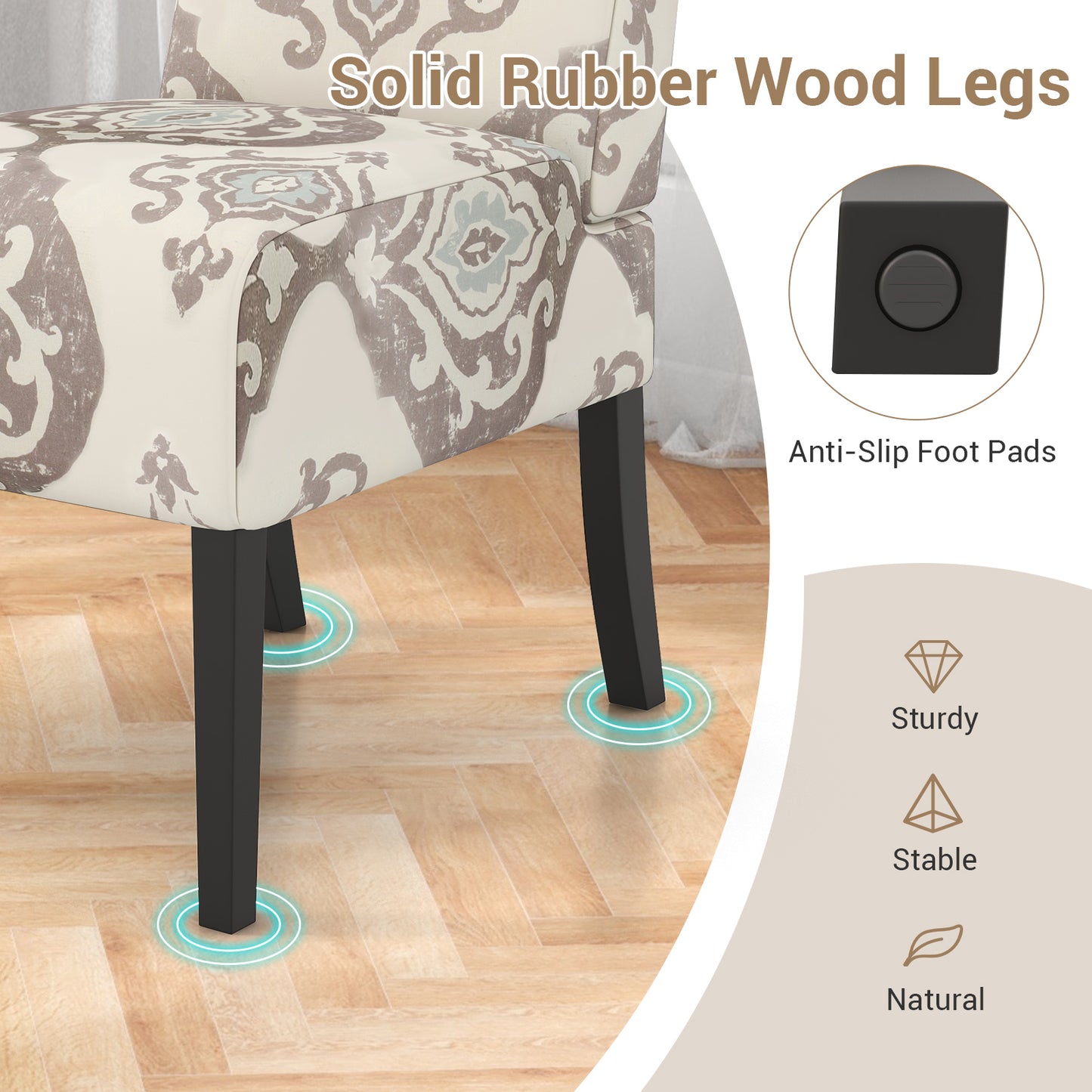Modern Upholstered Accent Chair with Rubber Wood Legs for Living Room - Beige Floral