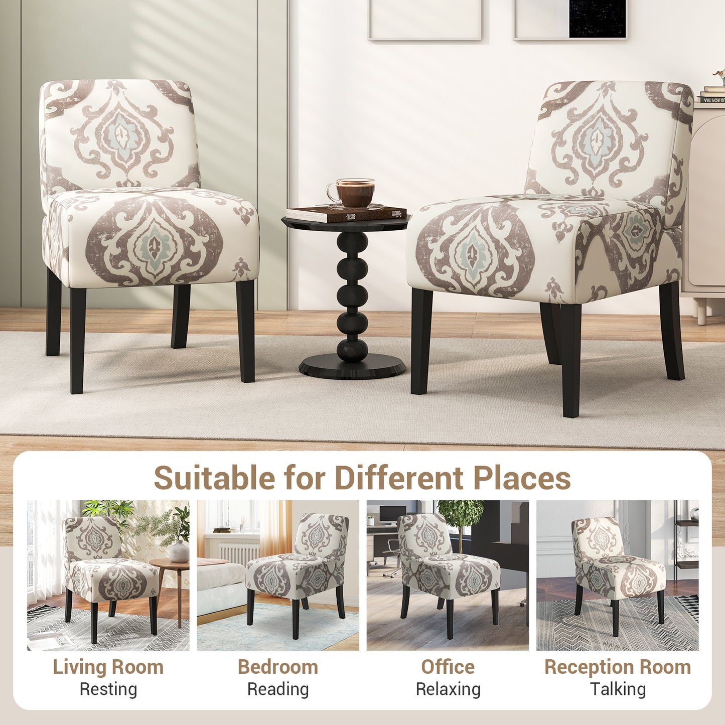 Modern Upholstered Accent Chair with Rubber Wood Legs for Living Room - Beige Floral