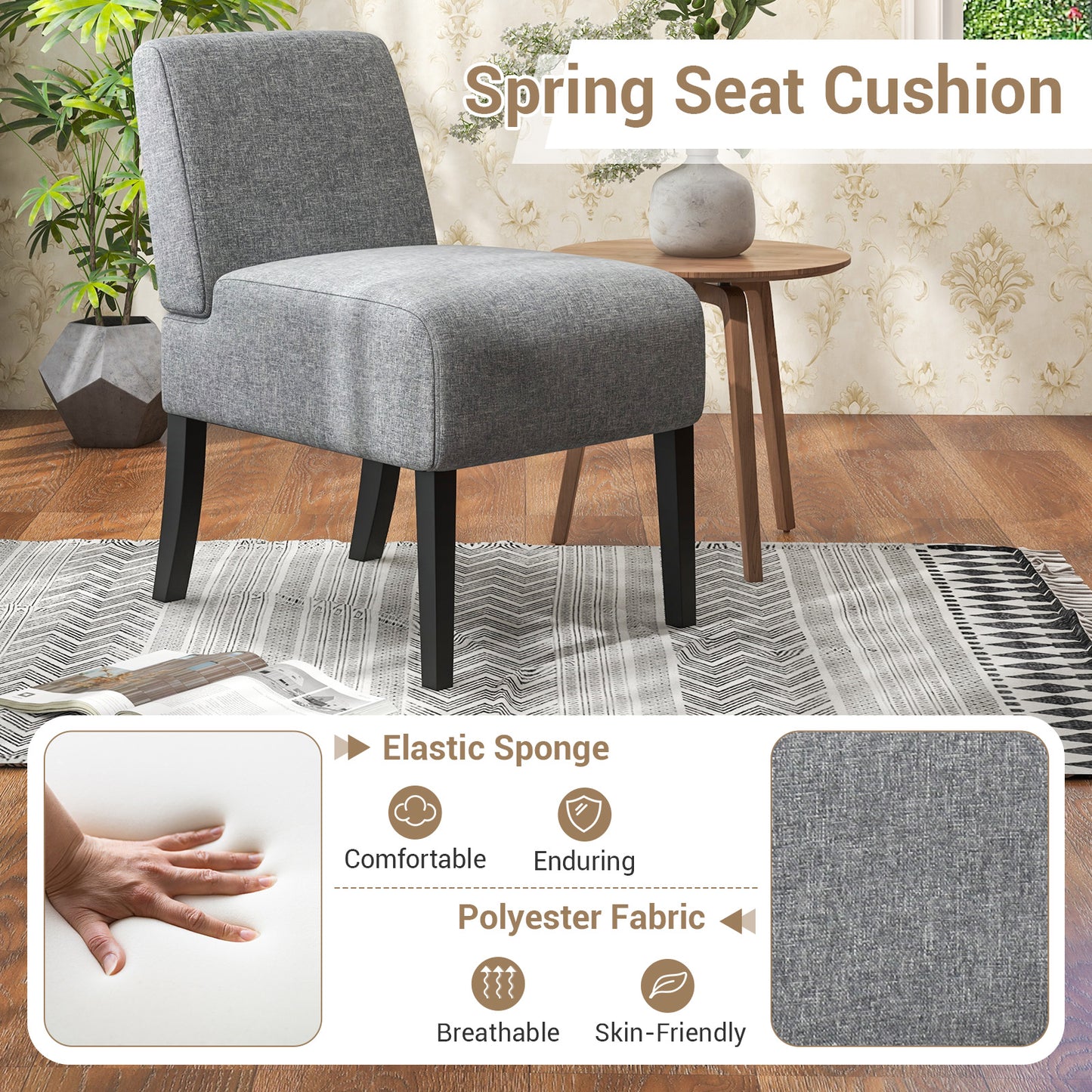 Modern Upholstered Accent Chair with Rubber Wood Legs for Living Room - Grey