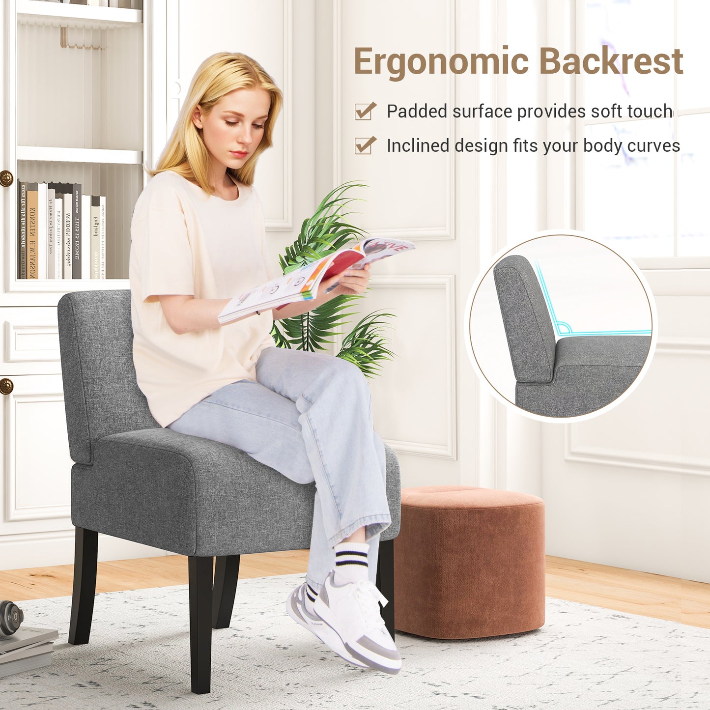 Modern Upholstered Accent Chair with Rubber Wood Legs for Living Room - Grey