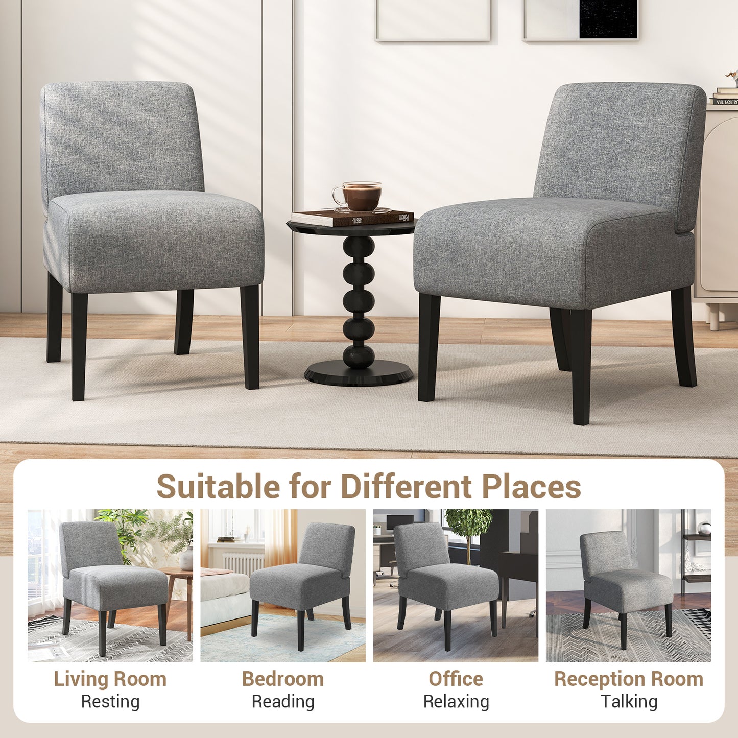 Modern Upholstered Accent Chair with Rubber Wood Legs for Living Room - Grey