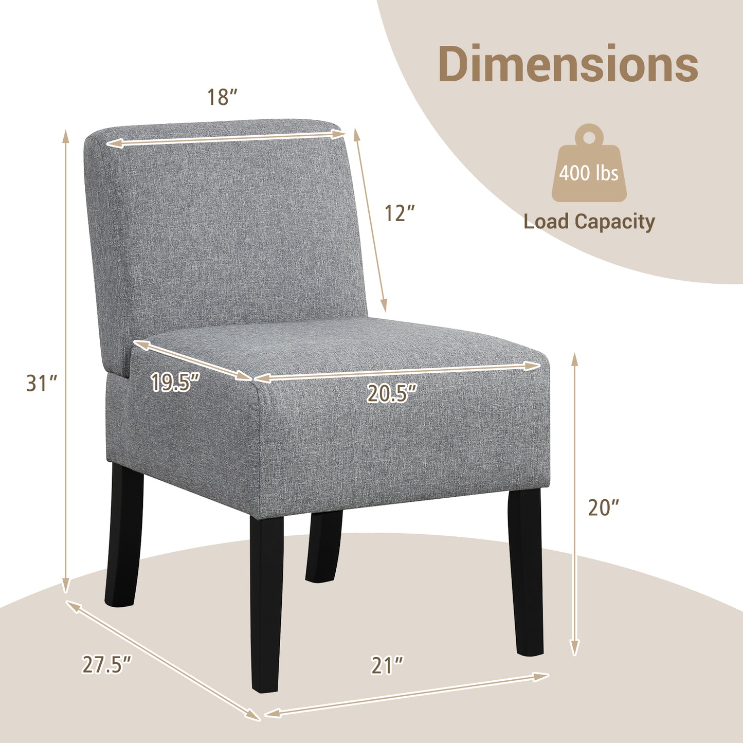 Modern Upholstered Accent Chair with Rubber Wood Legs for Living Room - Grey