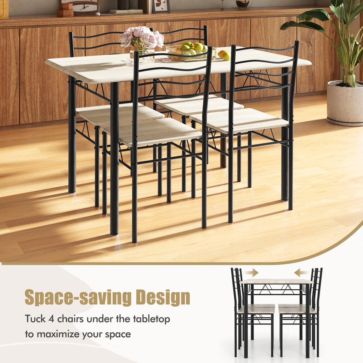 Modern 5 Piece Dining Set with Rectangular Table and Metal Frame Chairs - Natural