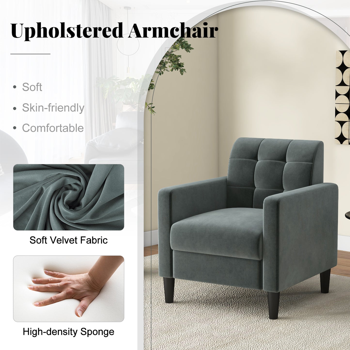 Stylish Mid-Century Modern Velvet Accent Chair with Tufted Backrest