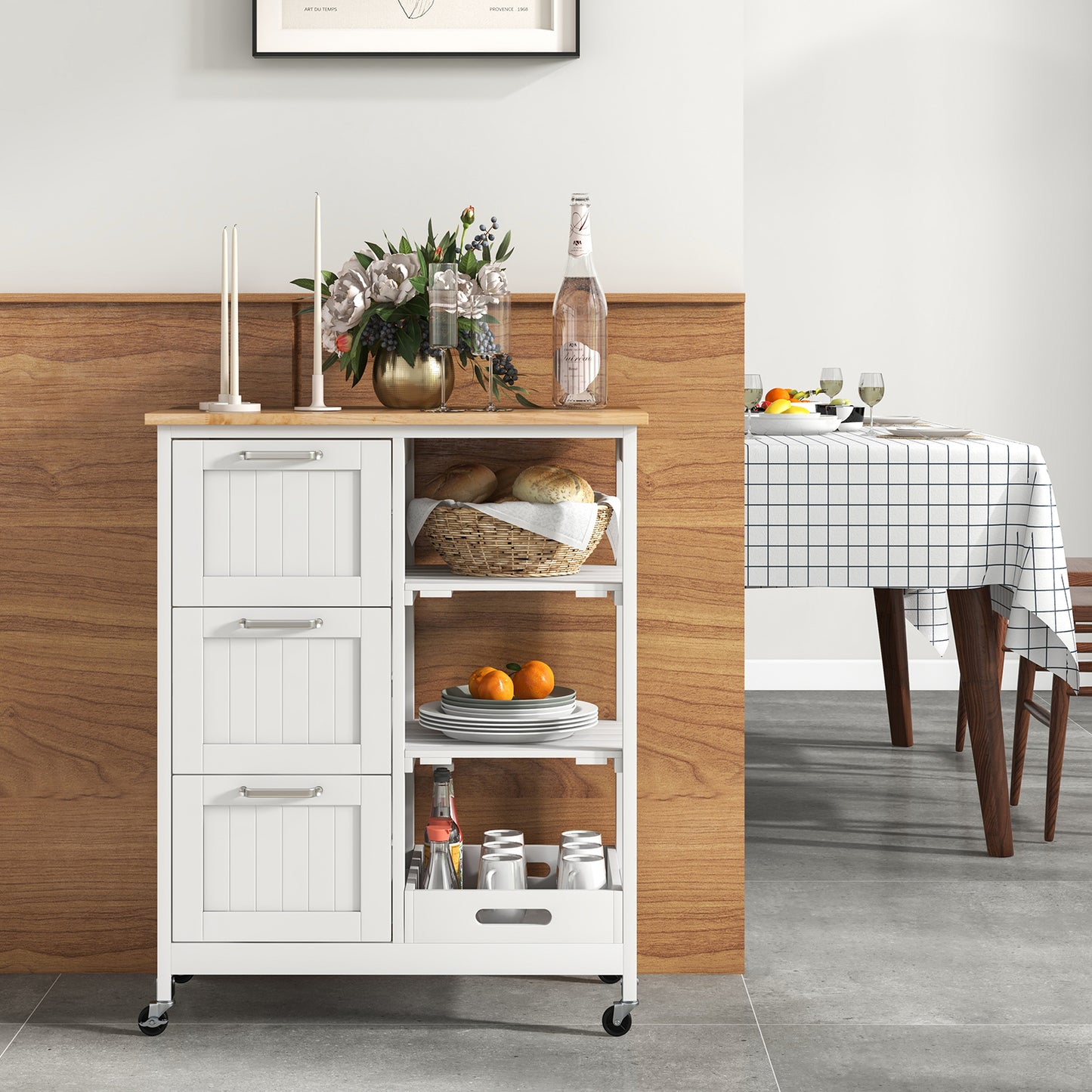 Rolling Kitchen Island Cart with 3 Drawers and Utility Storage Shelves - White