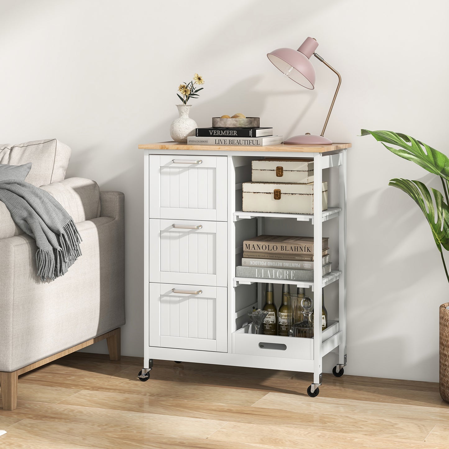 Rolling Kitchen Island Cart with 3 Drawers and Utility Storage Shelves - White
