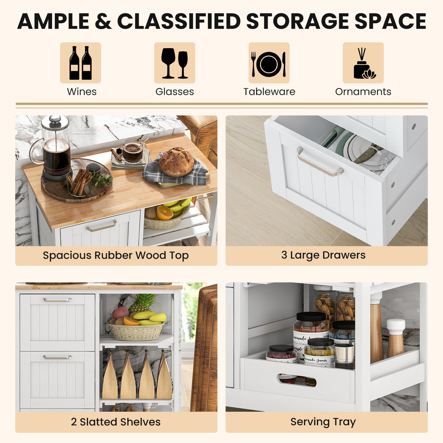 Rolling Kitchen Island Cart with 3 Drawers and Utility Storage Shelves - White