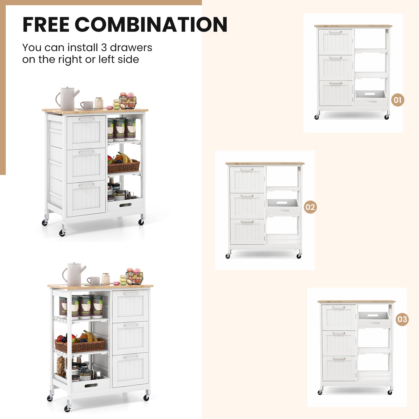 Rolling Kitchen Island Cart with 3 Drawers and Utility Storage Shelves - White