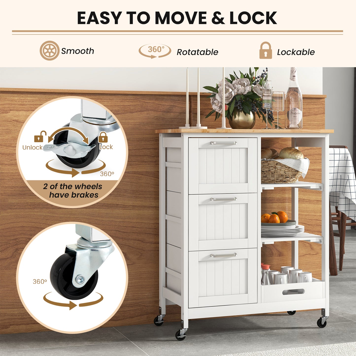 Rolling Kitchen Island Cart with 3 Drawers and Utility Storage Shelves - White