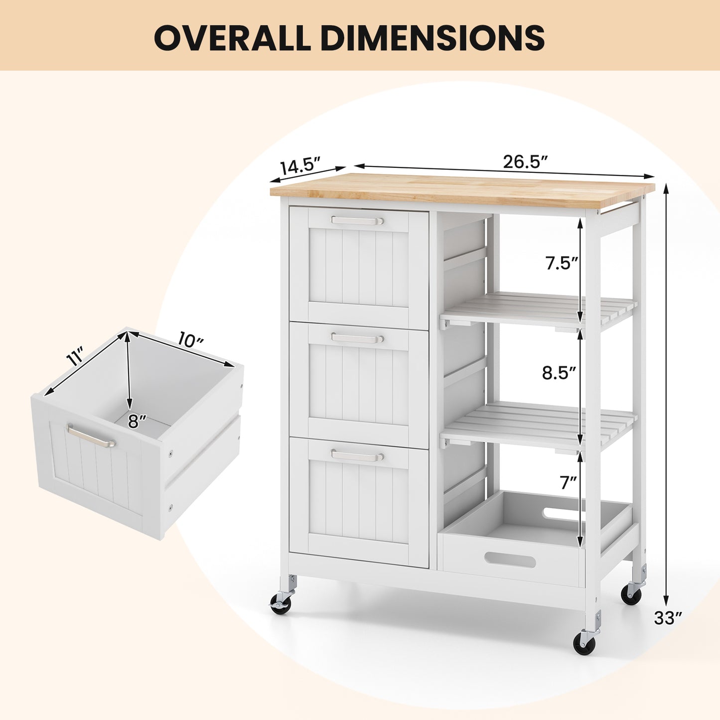 Rolling Kitchen Island Cart with 3 Drawers and Utility Storage Shelves - White