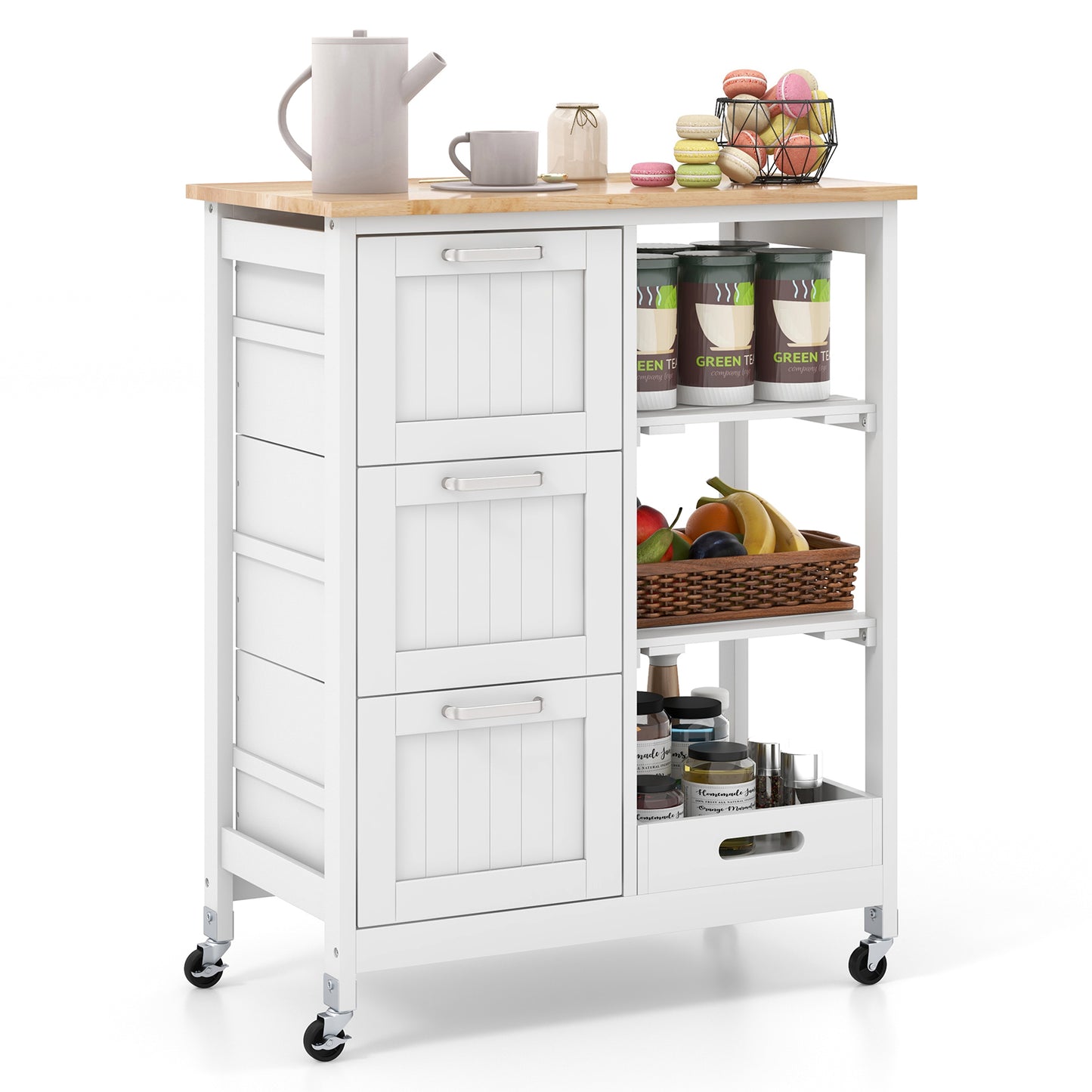 Rolling Kitchen Island Cart with 3 Drawers and Utility Storage Shelves - White