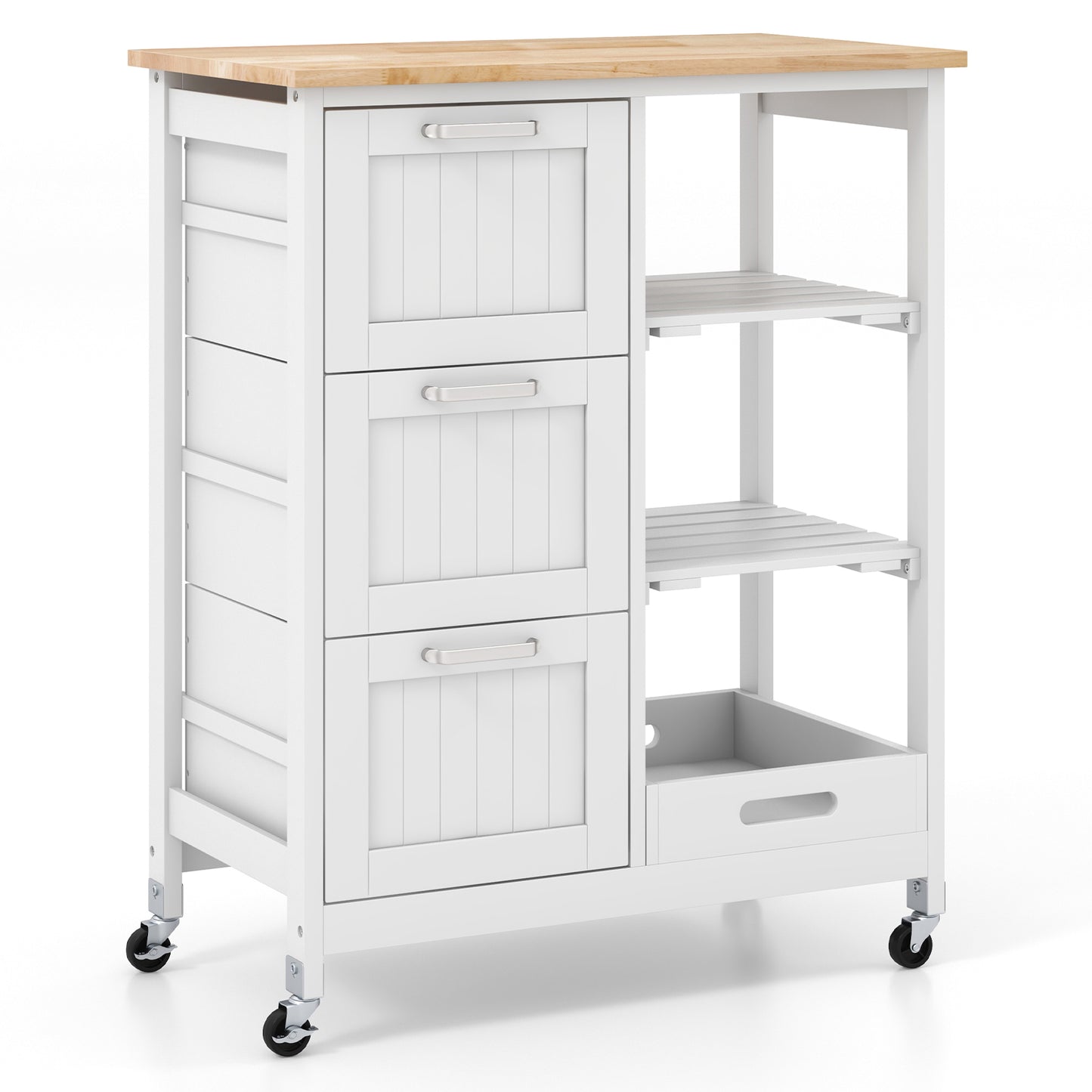 Rolling Kitchen Island Cart with 3 Drawers and Utility Storage Shelves - White