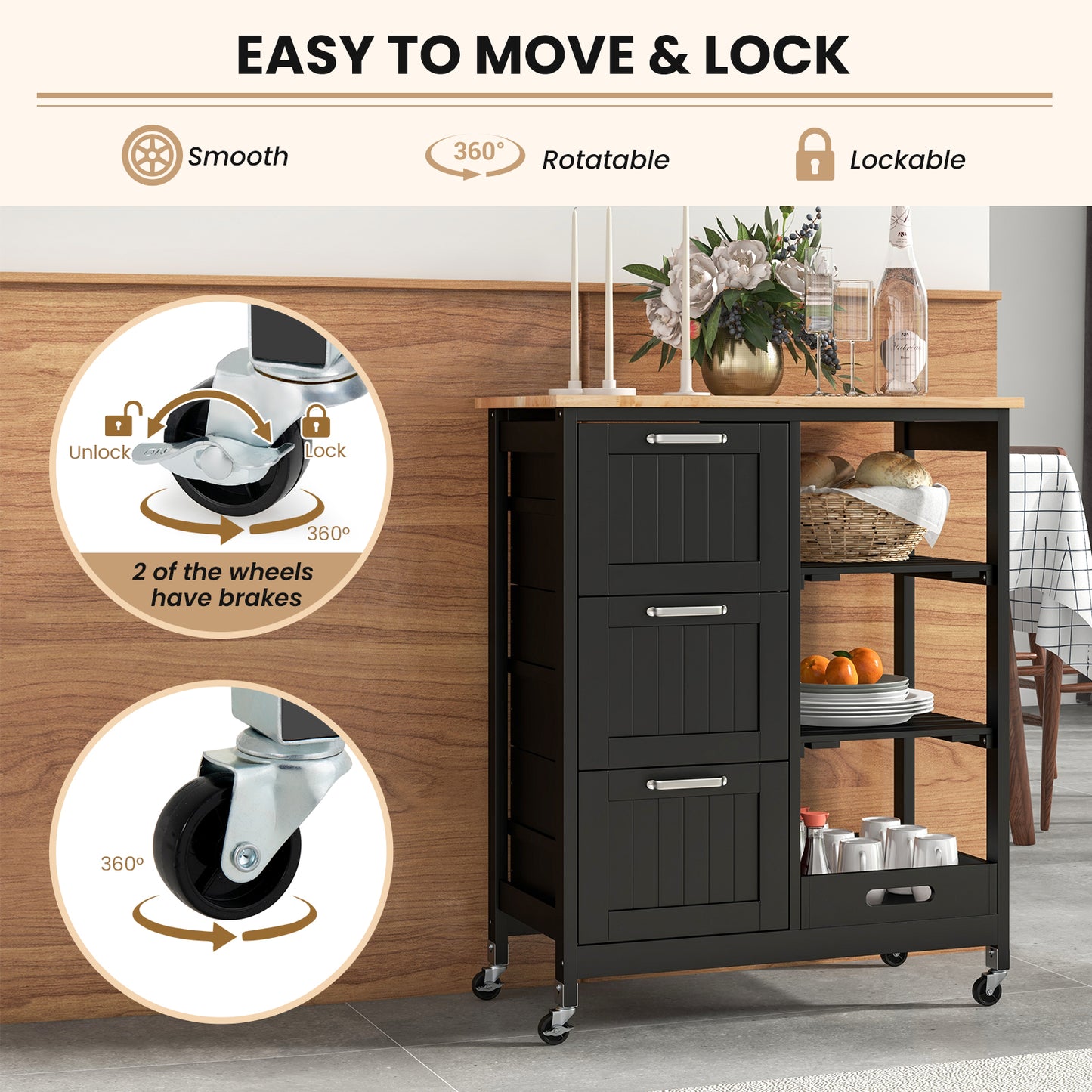 Rolling Kitchen Island Cart with 3 Drawers and Utility Storage Shelves - Black