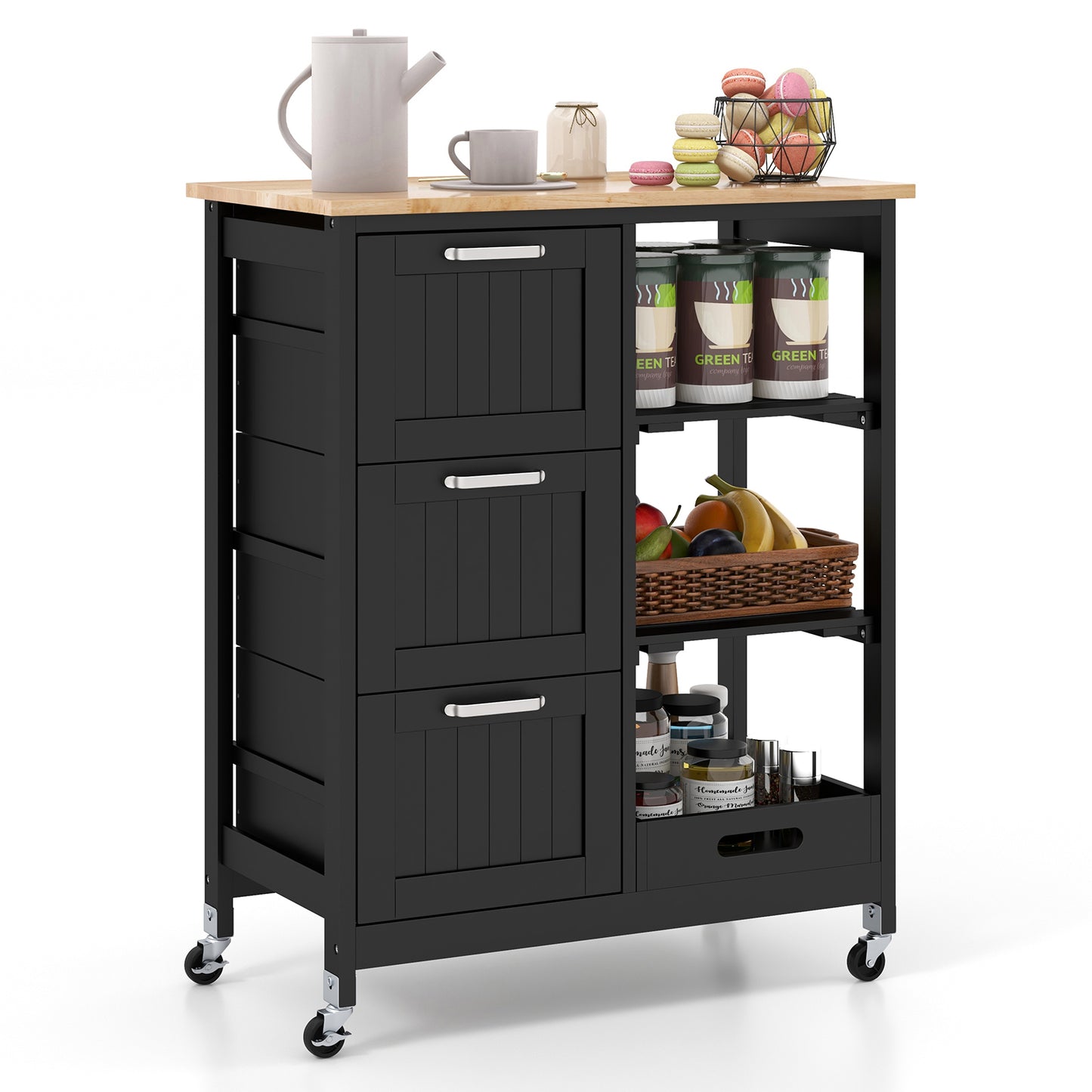 Rolling Kitchen Island Cart with 3 Drawers and Utility Storage Shelves - Black