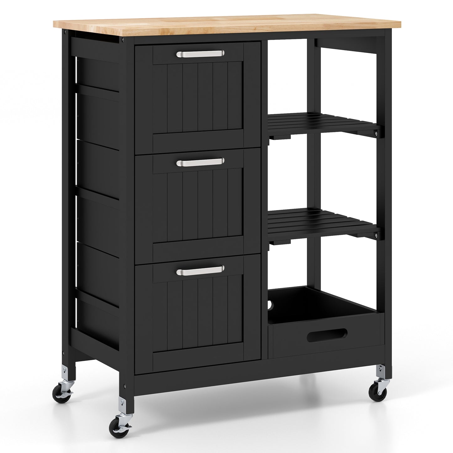 Rolling Kitchen Island Cart with 3 Drawers and Utility Storage Shelves - Black