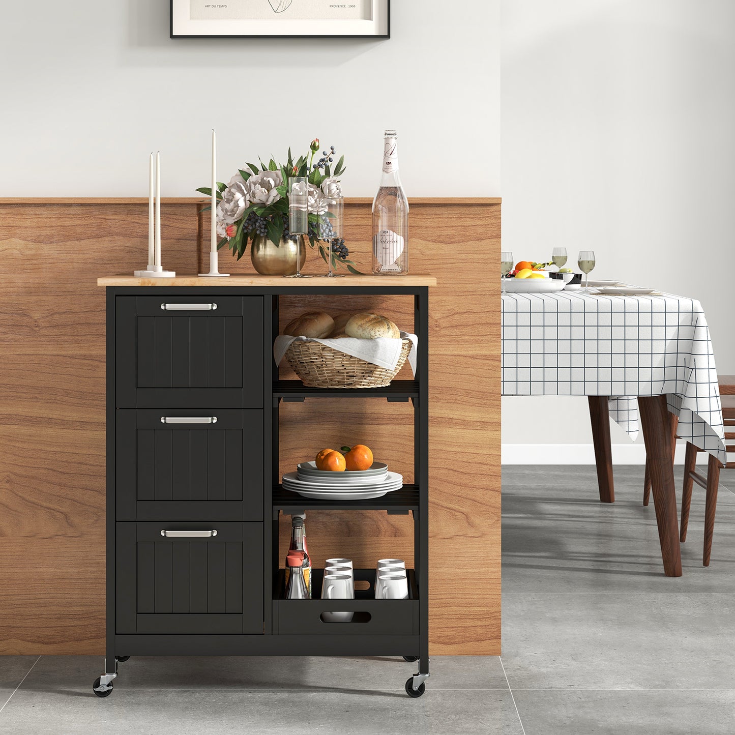 Rolling Kitchen Island Cart with 3 Drawers and Utility Storage Shelves - Black
