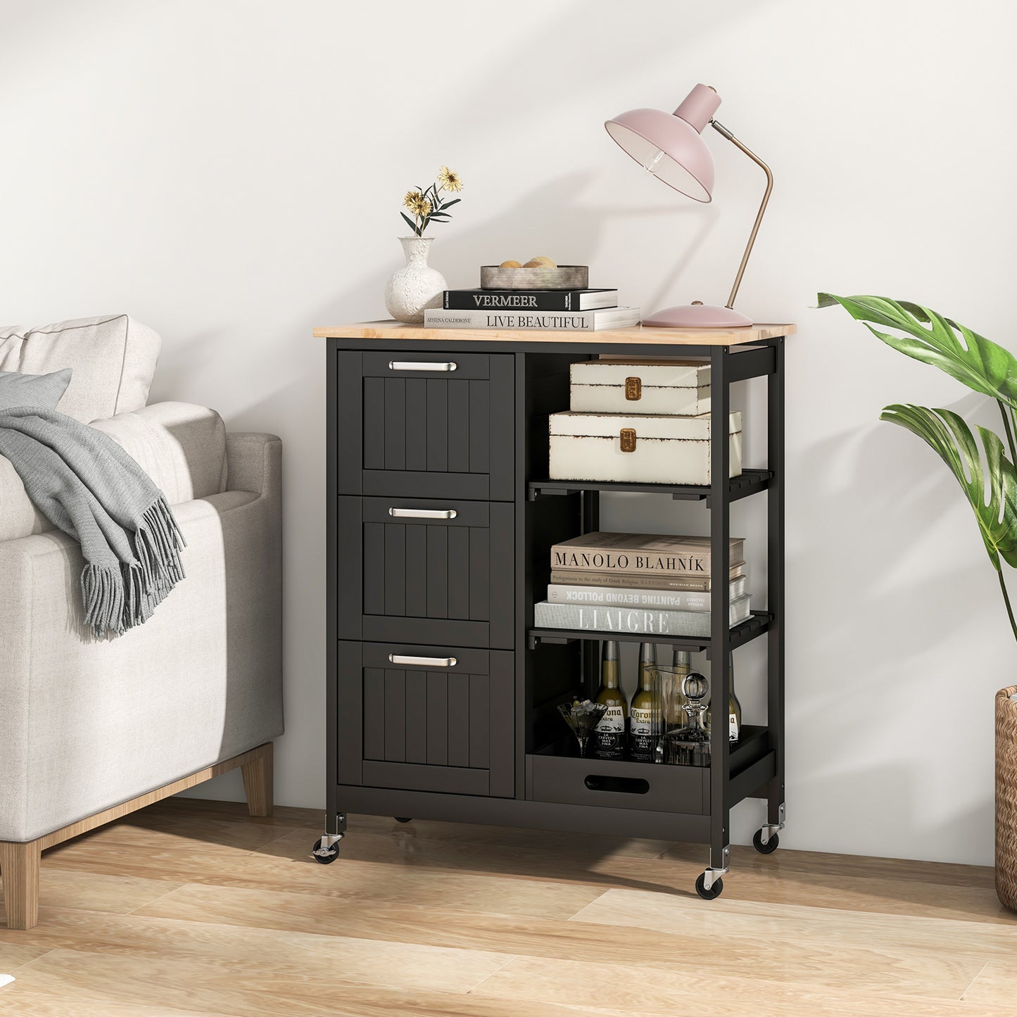 Rolling Kitchen Island Cart with 3 Drawers and Utility Storage Shelves - Black