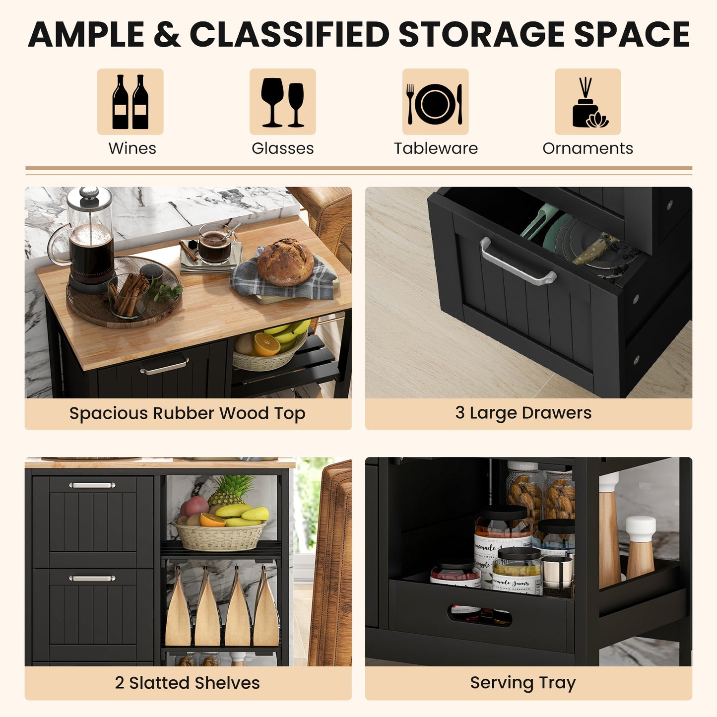 Rolling Kitchen Island Cart with 3 Drawers and Utility Storage Shelves - Black
