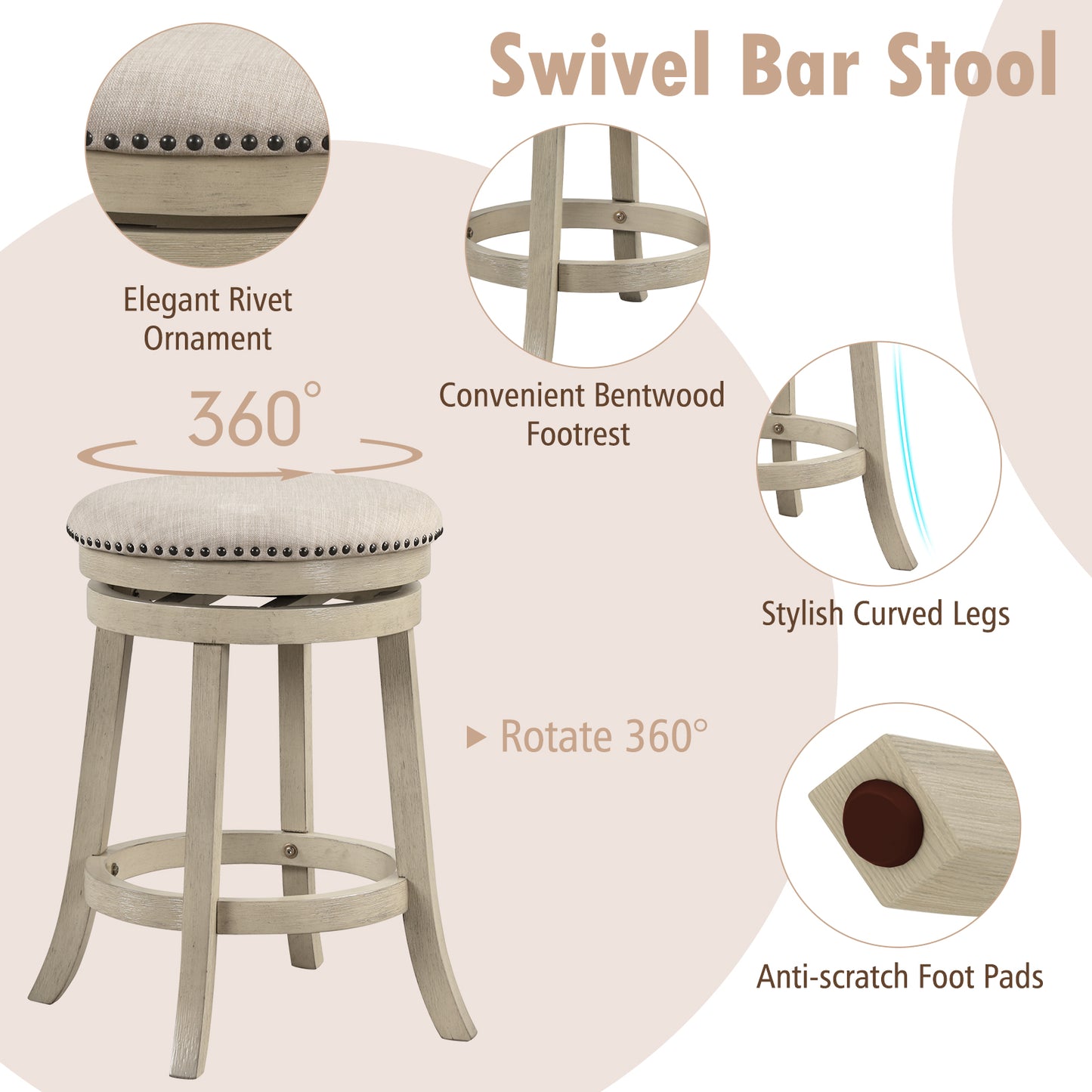 360° Swivel Bar Stools with Solid Wood Frame and Comfortable Seat Set of 2, 26.5"