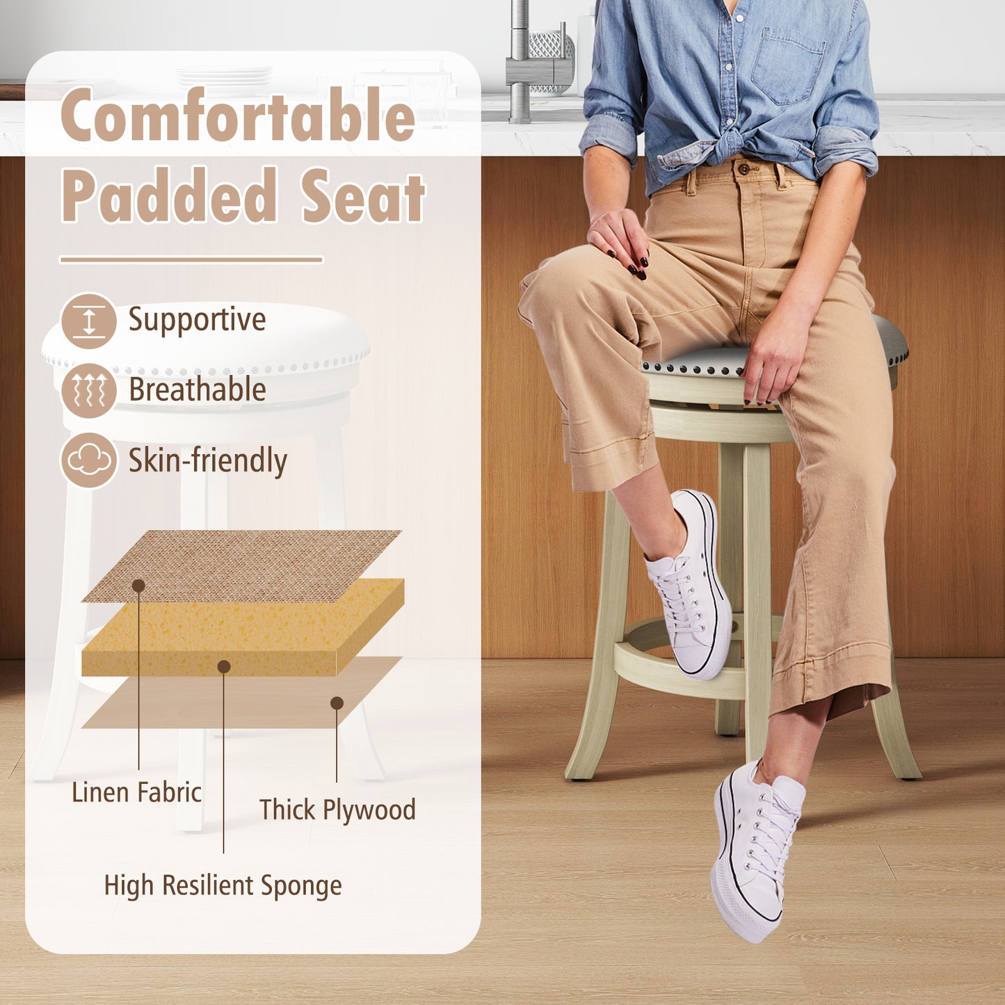360° Swivel Bar Stools with Solid Wood Frame and Comfortable Seat Set of 2, 26.5"
