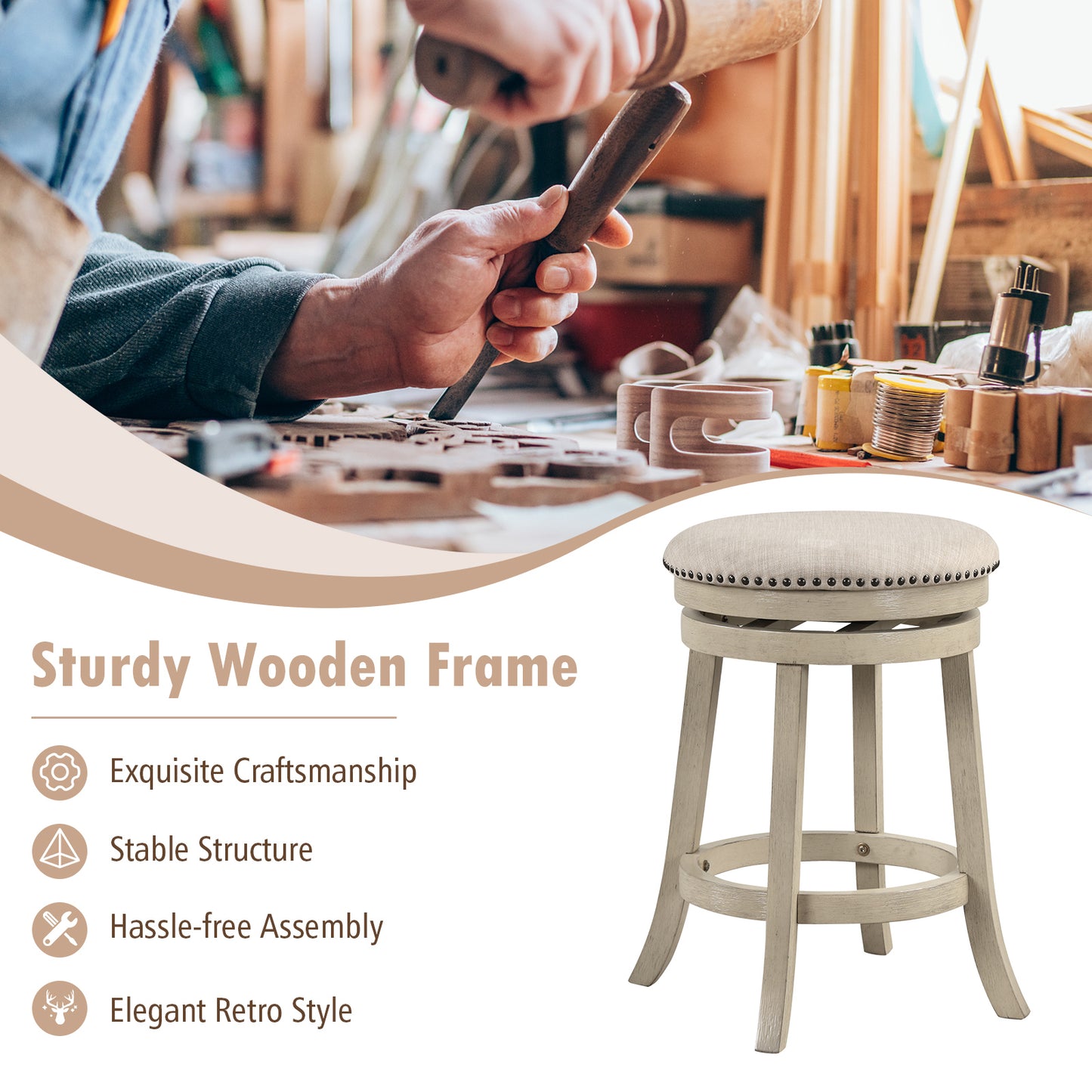 360° Swivel Bar Stools with Solid Wood Frame and Comfortable Seat Set of 2, 26.5"