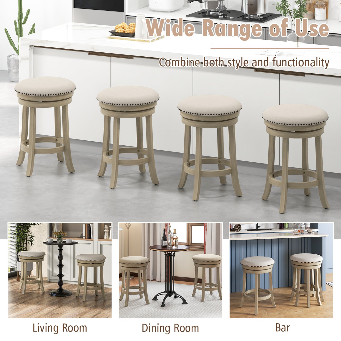 360° Swivel Bar Stools with Solid Wood Frame and Comfortable Seat Set of 2, 26.5"