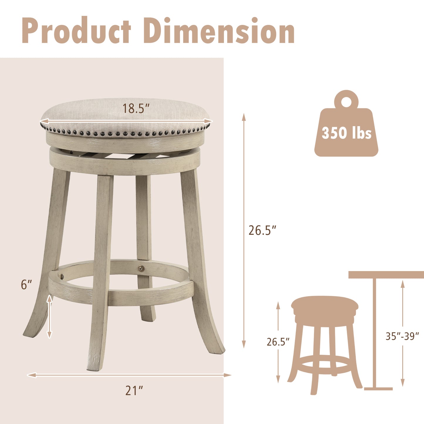 360° Swivel Bar Stools with Solid Wood Frame and Comfortable Seat Set of 2, 26.5"