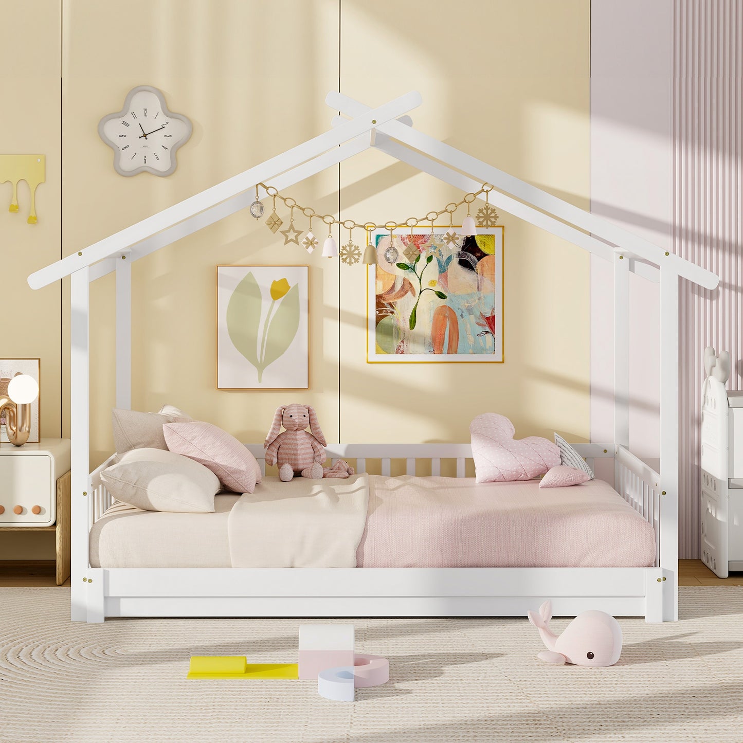 Convertible House-Shaped Twin to King Daybed with Roof and Safety Rails – White