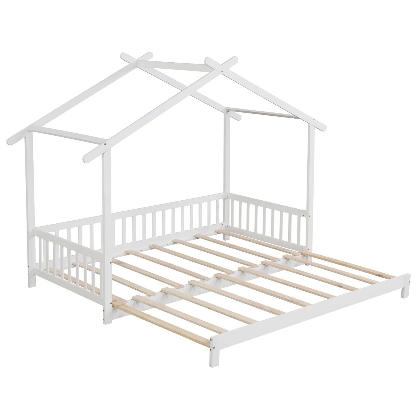 Convertible House-Shaped Twin to King Daybed with Roof and Safety Rails – White