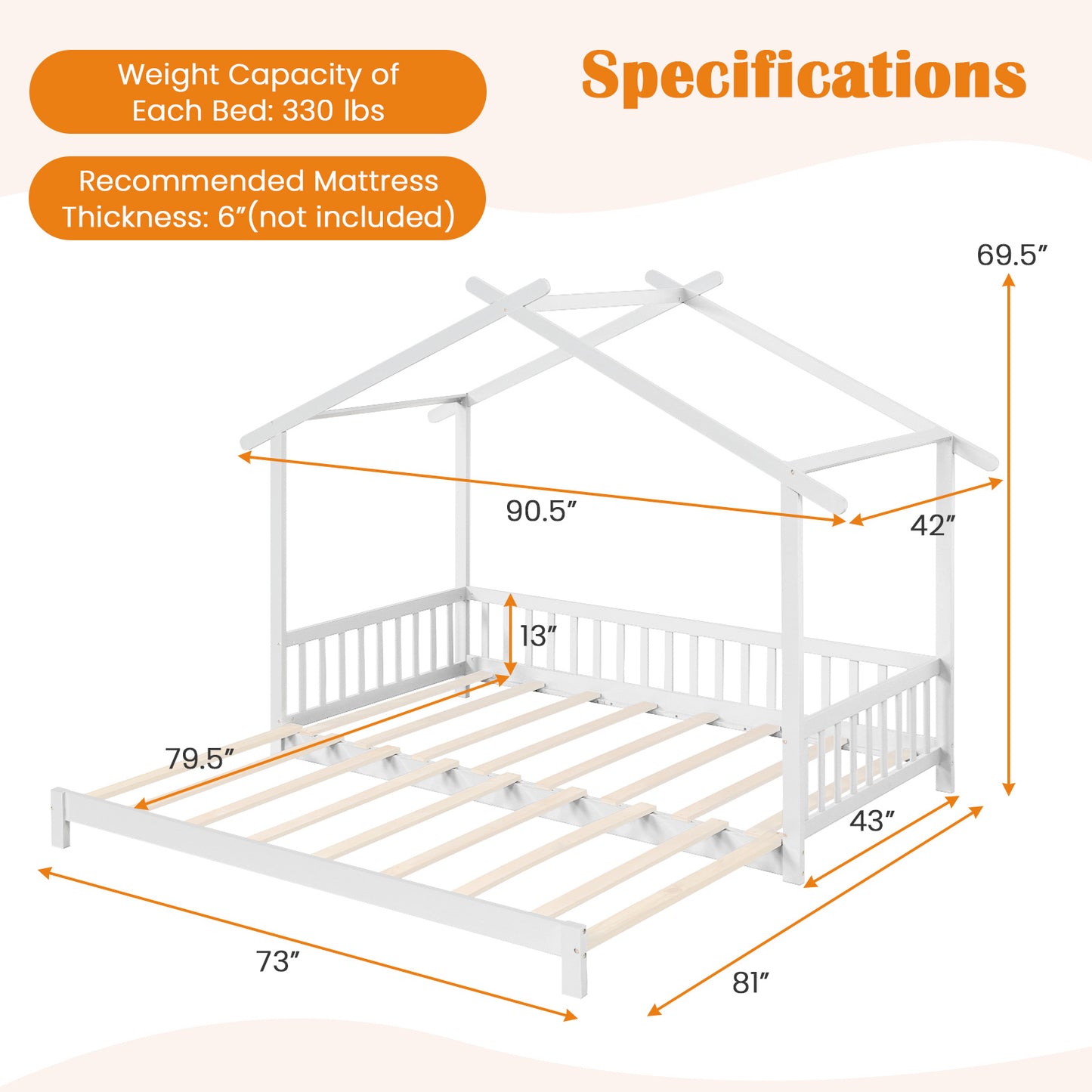 Convertible House-Shaped Twin to King Daybed with Roof and Safety Rails – White