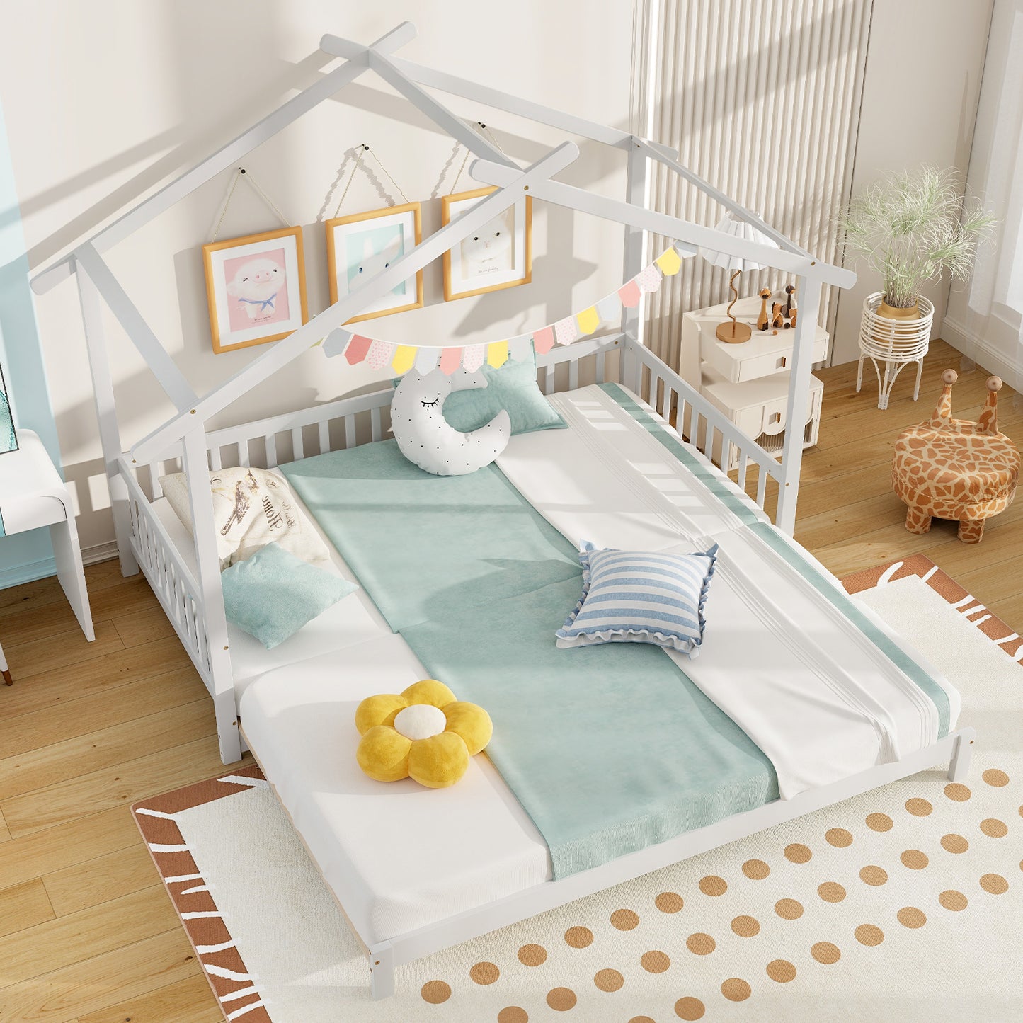 Convertible House-Shaped Twin to King Daybed with Roof and Safety Rails – White