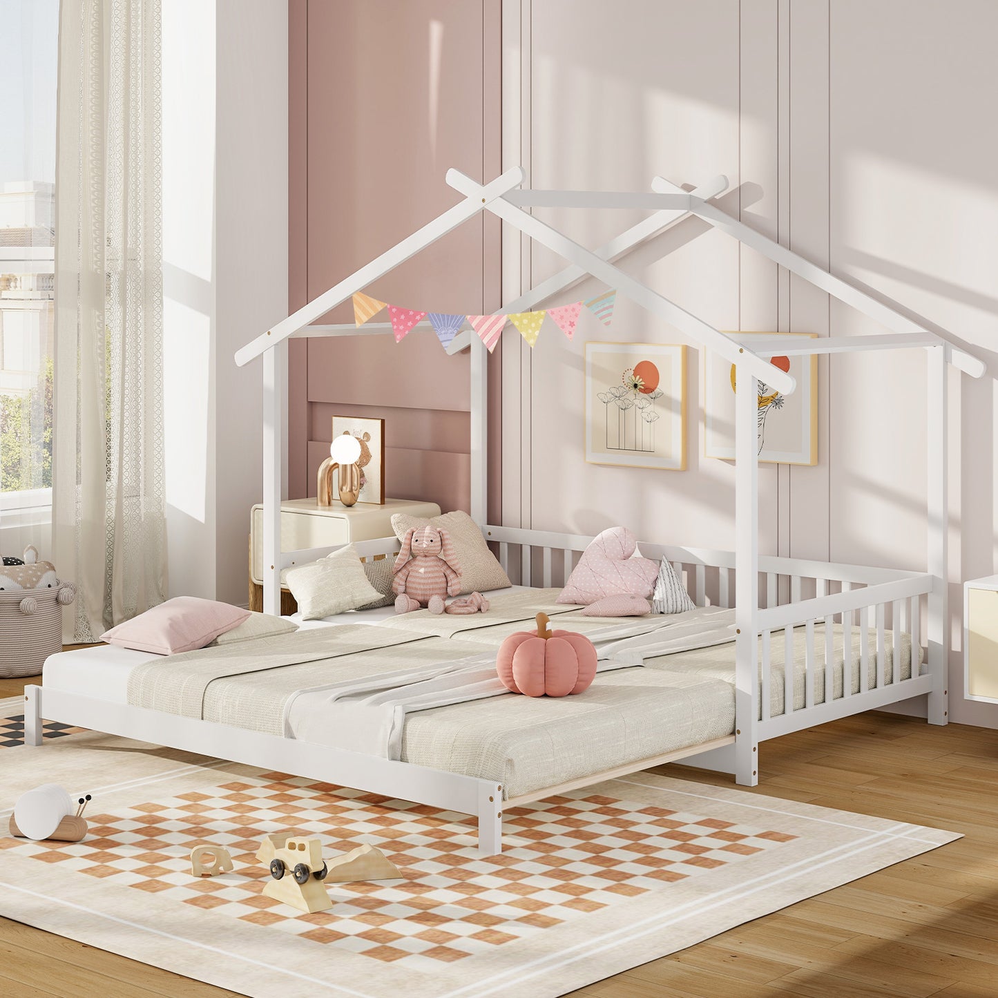 Convertible House-Shaped Twin to King Daybed with Roof and Safety Rails – White