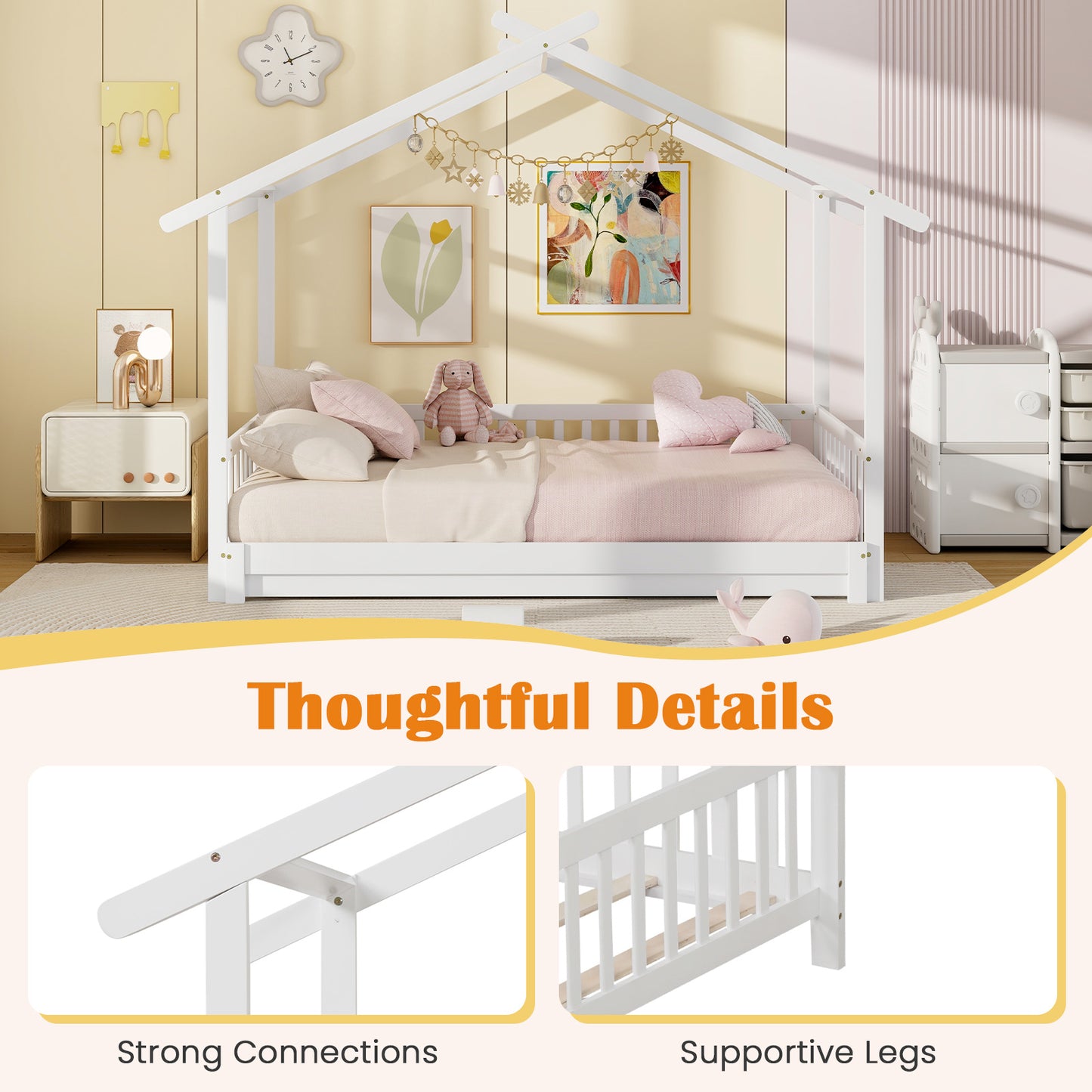 Convertible House-Shaped Twin to King Daybed with Roof and Safety Rails – White