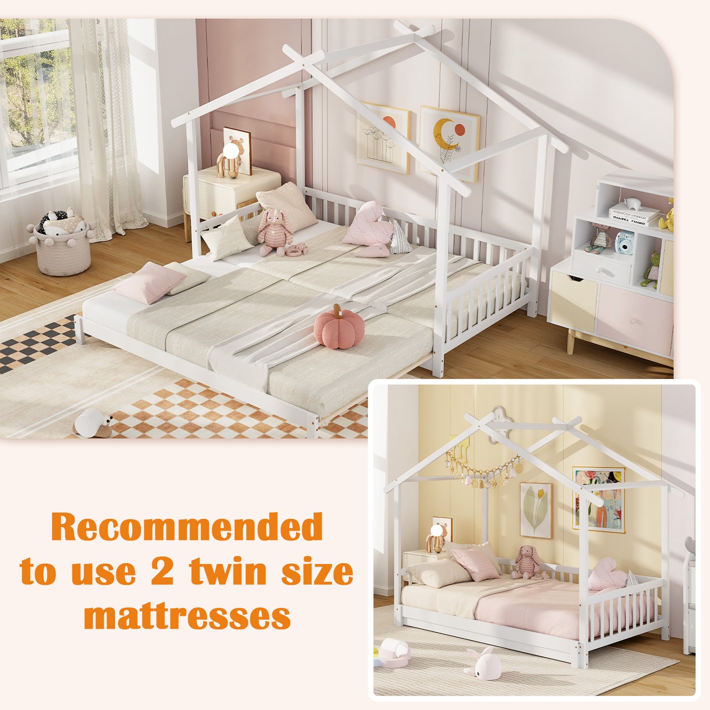 Convertible House-Shaped Twin to King Daybed with Roof and Safety Rails – White