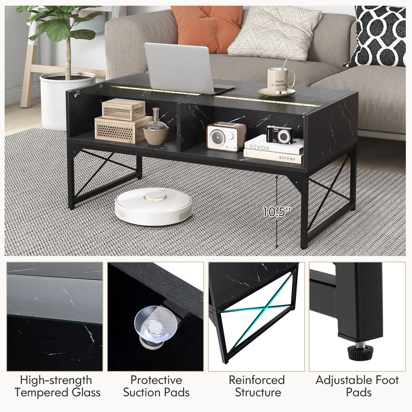Modern LED Coffee Table with Faux Marble and Tempered Glass Top in Black