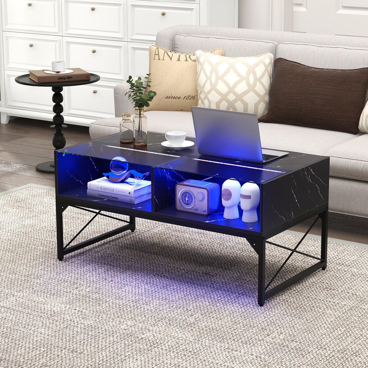 Modern LED Coffee Table with Faux Marble and Tempered Glass Top in Black
