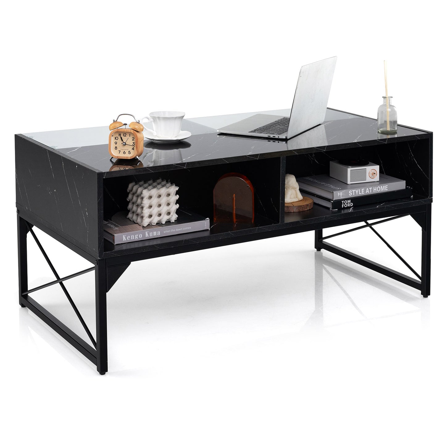 Modern LED Coffee Table with Faux Marble and Tempered Glass Top in Black
